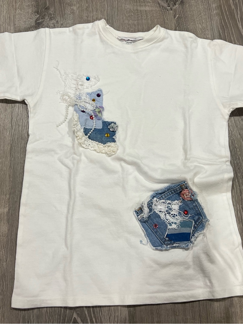 Tickle Me Vintage White T-Shirt with Denim Patch & Lace Accents 8